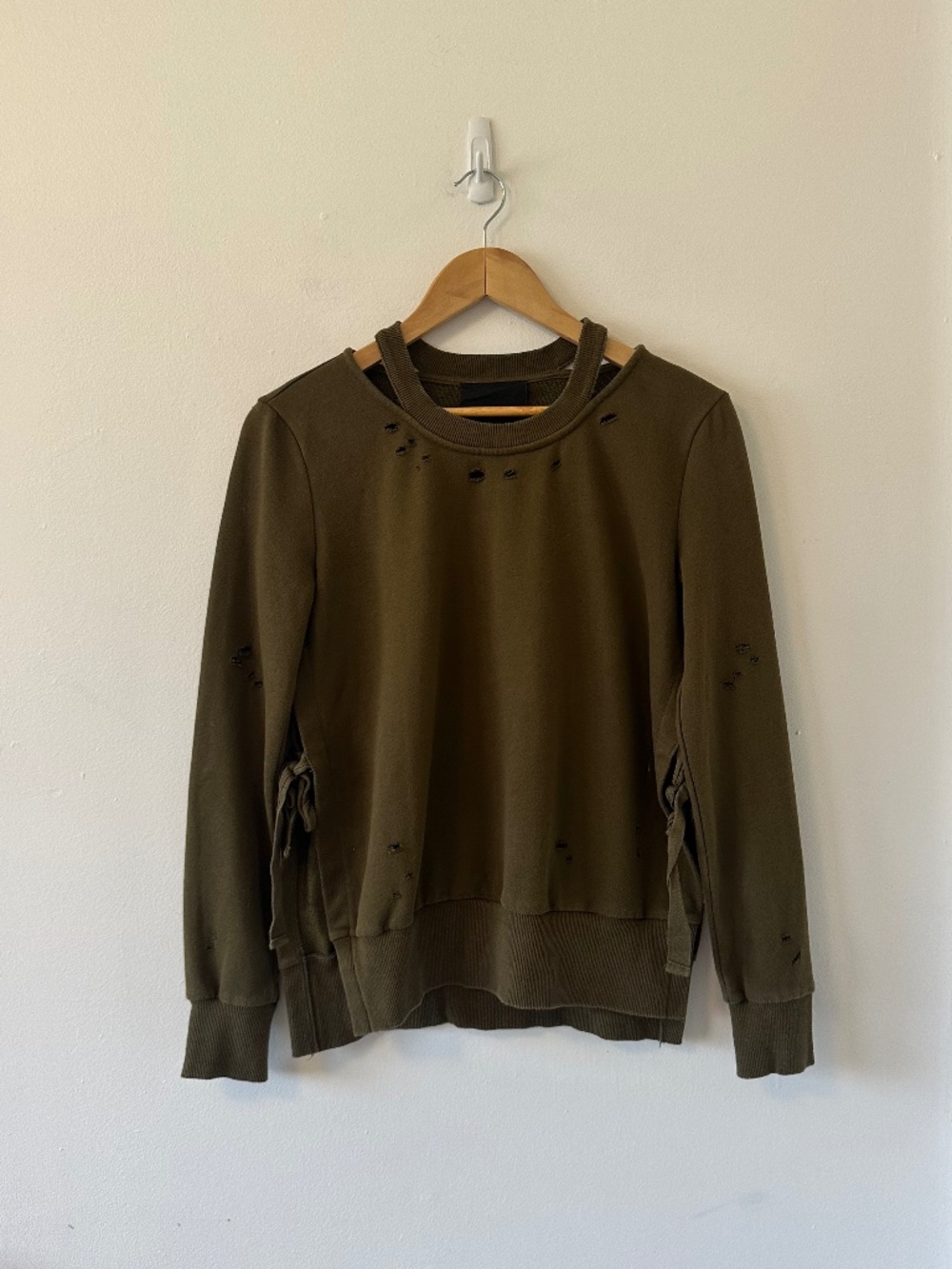 Fate by LFD Olive Green Cutout Distressed Sweatshirt | Size Small